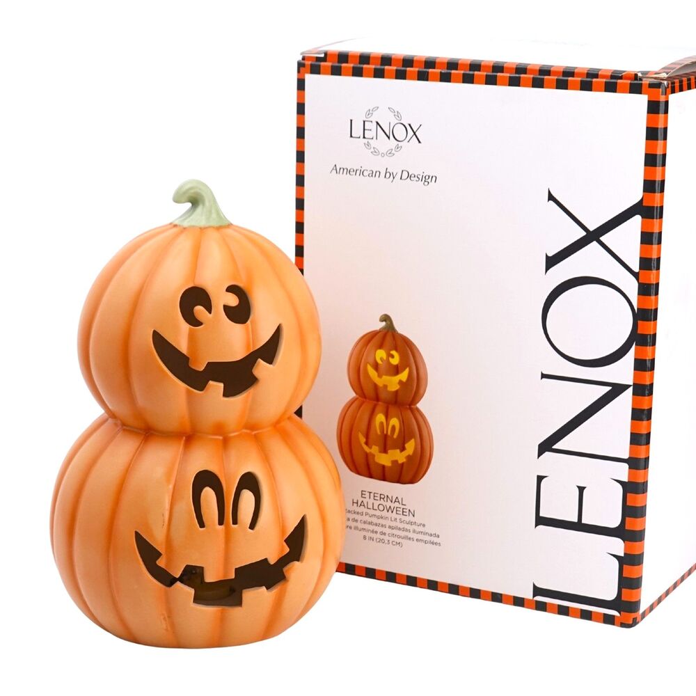 RARE Lenox Eternal Halloween Stacked Pumpkin Lighted Jack O Lantern 8” w/Box